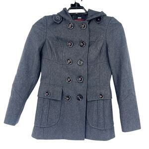 Y2K Miss Sixty Wool Military Hooded Pea Coat Sz S Double Breasted Goth Academia